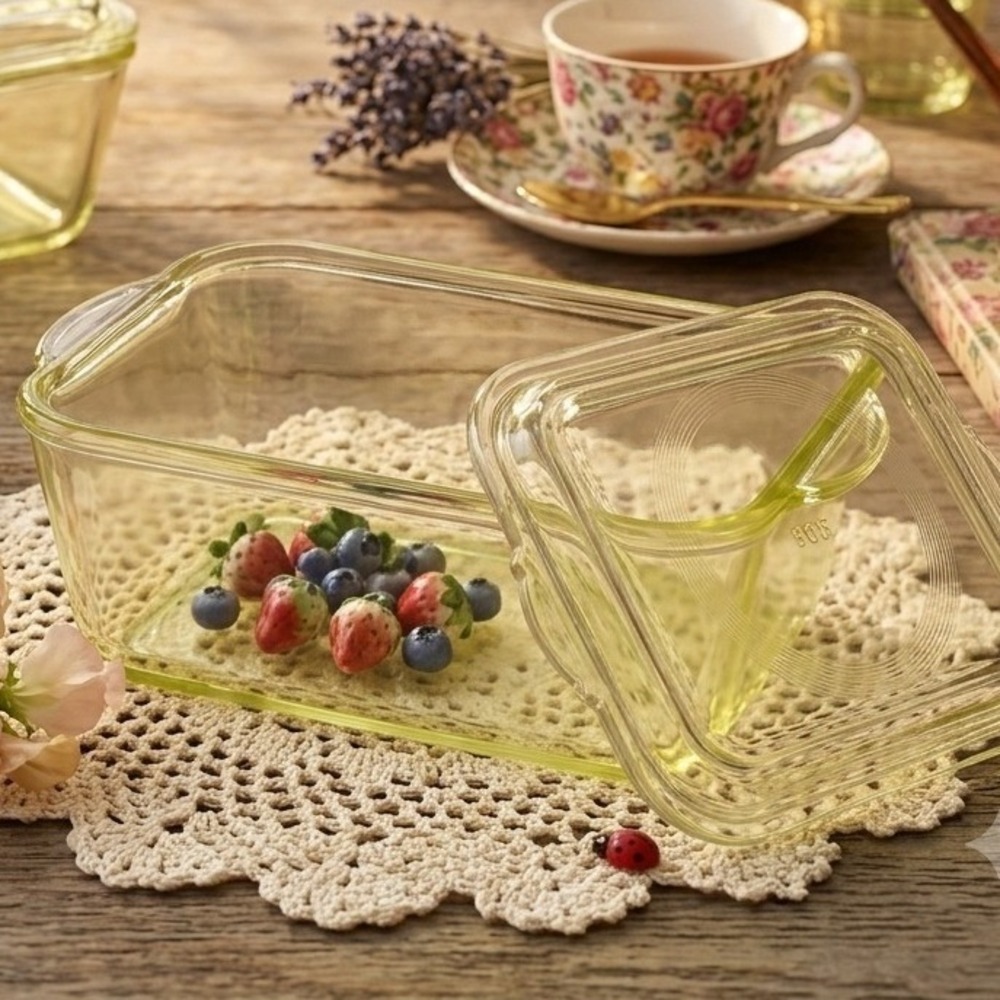 Vintage Cottagecore Glasbake 805 Yellow Glass Refrigerator Dish 8.5in USA